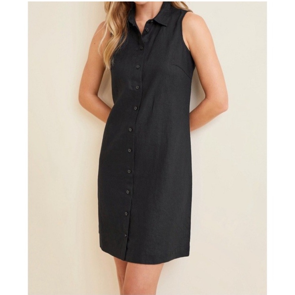 Garnet Hill Classic Black Linen Coastal Shirtdress